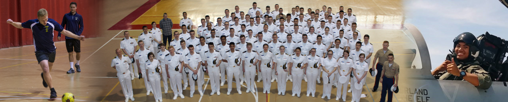 Collage of students participating in sports, standing in formation in uniform and other activities.